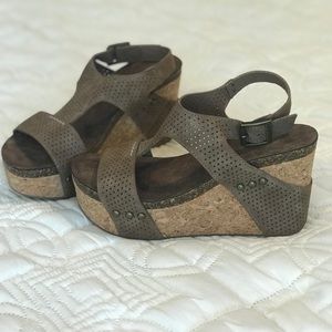 Sugar Platform Wedge Sandals, Size 6US. Cork & Vegan Suede. Style: Junebug